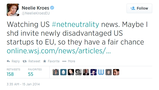 Tweet by EU Commissioner on Net Neutrality