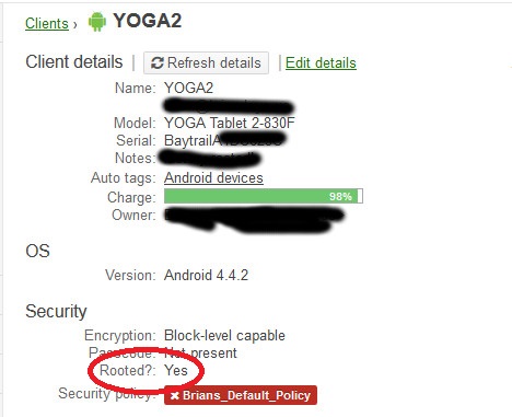 Screenshot of YOGA2 detected as Rooted by Cisco Meraki