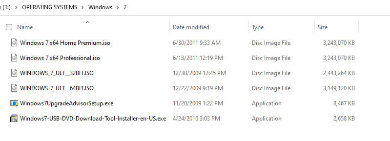 List of Windows 7 installers with size details. More than 12GB of files