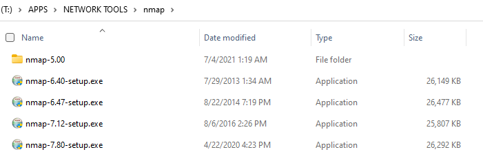 List of nmap installers with size and dates