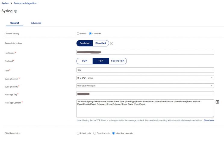 Screenshot of Workspace ONE UEM with most syslog settings at default values